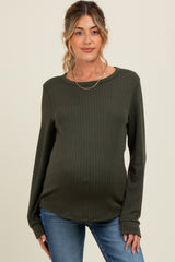 Olive Pointelle Knit Maternity Long Sleeve Top