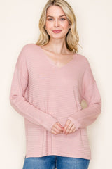 Light Pink Striped Knit Long Sleeve Top