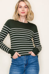 Forest Green Striped Knit Long Sleeve Top