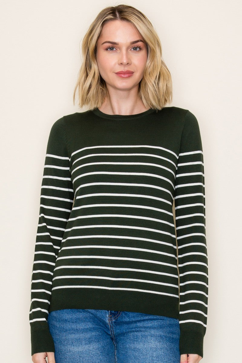Forest Green Striped Knit Long Sleeve Top