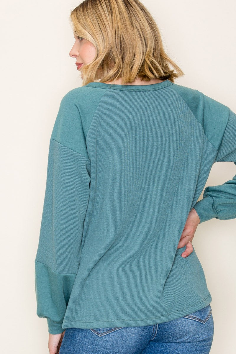 Teal Ribbed Bubble Sleeve Top