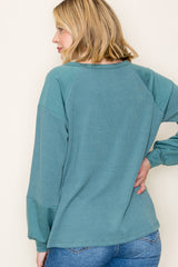 Teal Ribbed Bubble Sleeve Top
