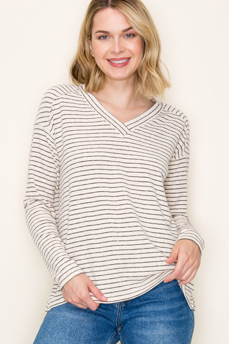 Charcoal Striped V-Neck Long Sleeve Top