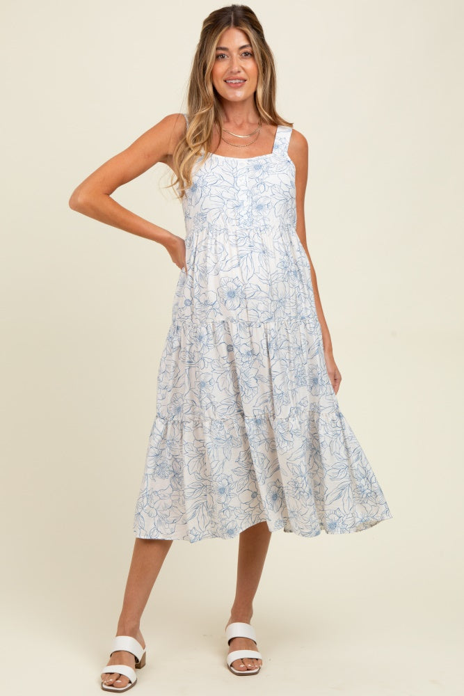 Blue Floral Tiered Sleeveless Maternity Midi Dress