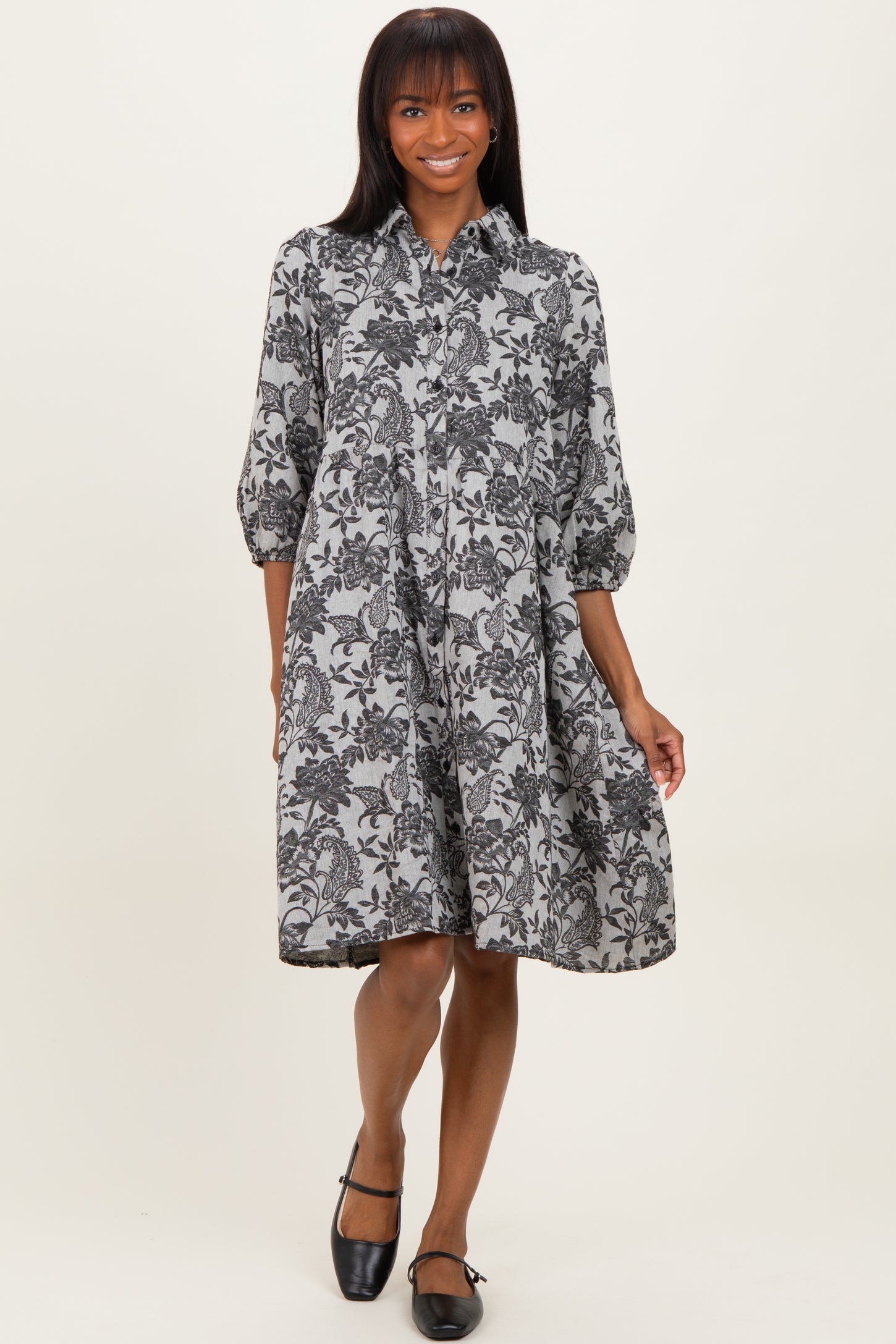 Black Floral Button Down 3/4 Sleeve Midi Dress