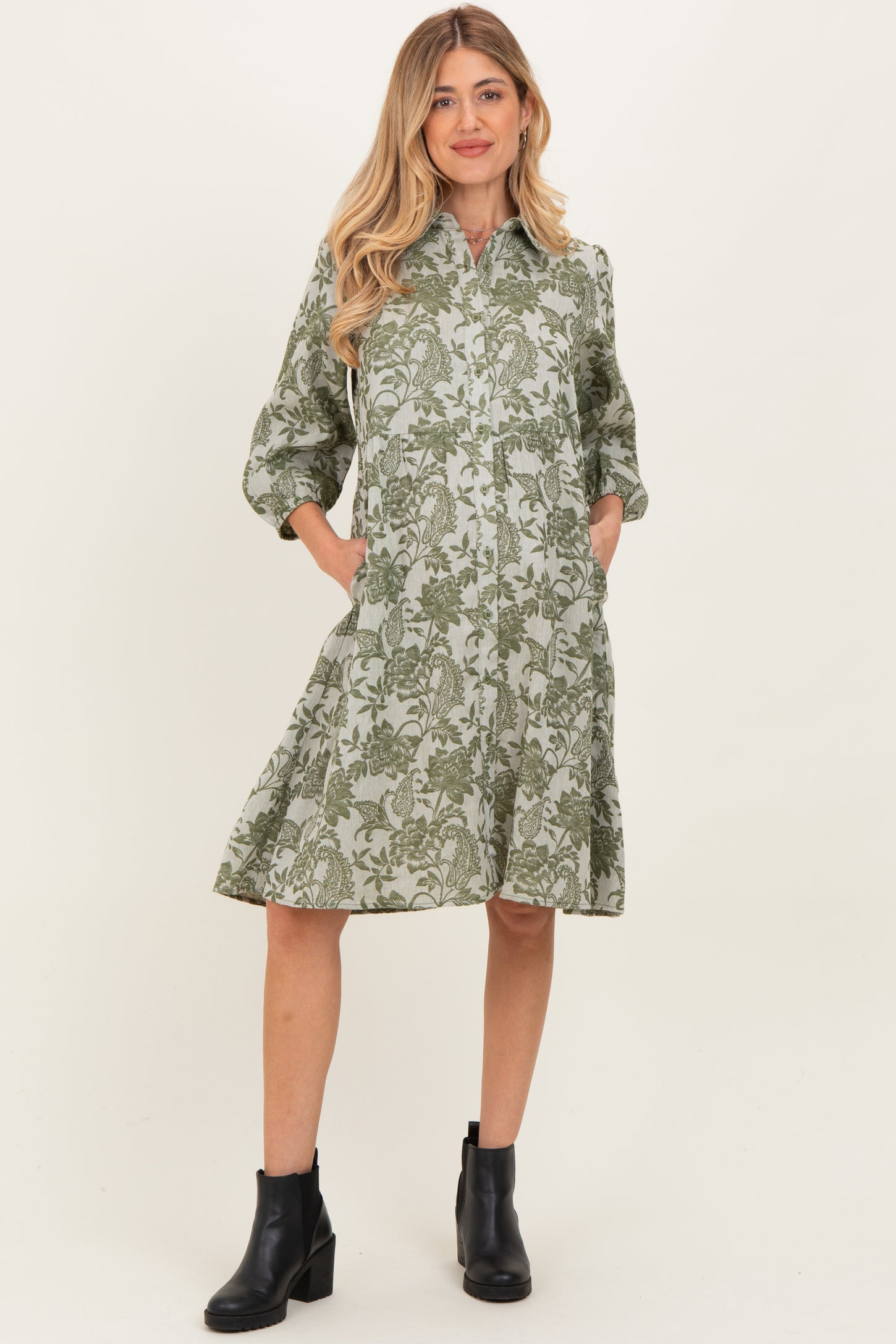 Olive Floral Button Down 3/4 Sleeve Maternity Midi Dress