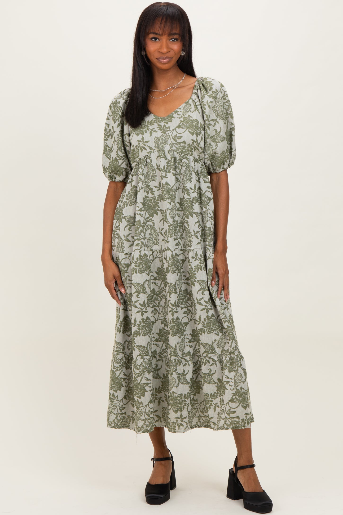 Green Floral V-Neck 3/4 Sleeve Midi Dress
