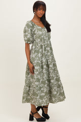 Green Floral V-Neck 3/4 Sleeve Midi Dress