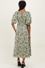 Green Floral V-Neck 3/4 Sleeve Midi Dress