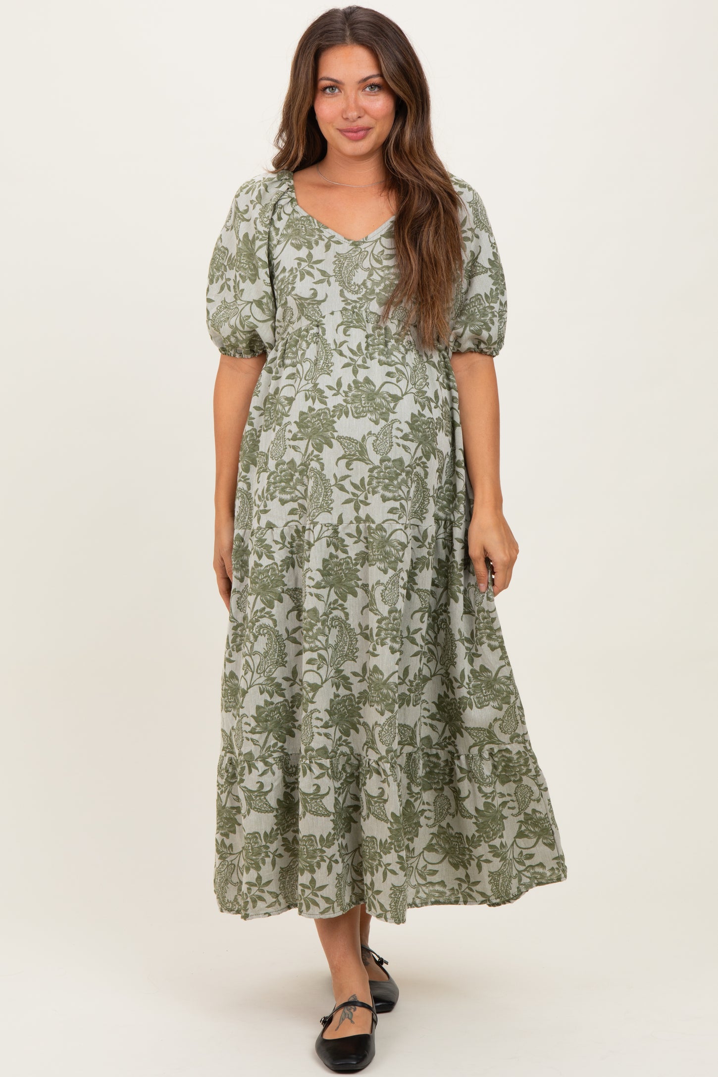 Olive Floral V-Neck 3/4 Sleeve Maternity Midi Dress