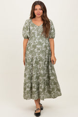 Olive Floral V-Neck 3/4 Sleeve Maternity Midi Dress