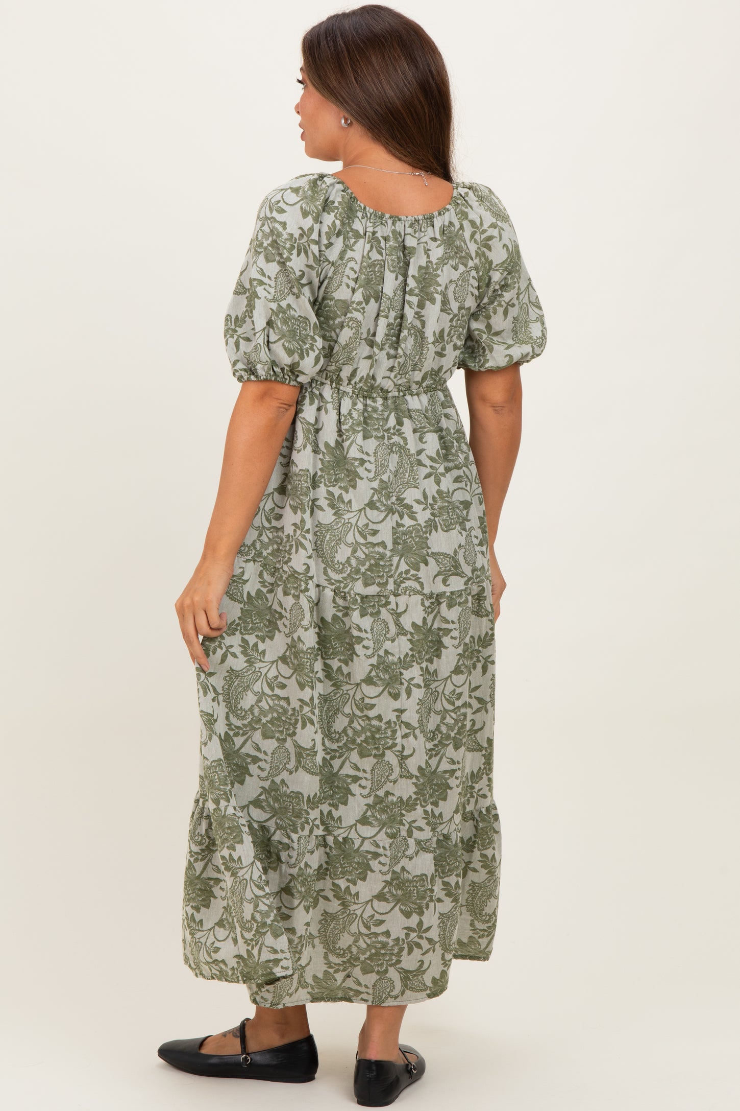 Olive Floral V-Neck 3/4 Sleeve Maternity Midi Dress