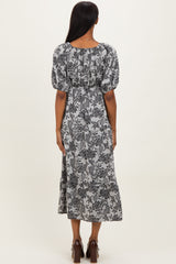Black Floral V-Neck 3/4 Sleeve Midi Dress
