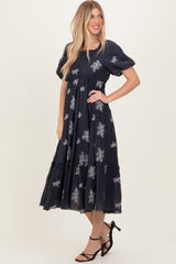 Navy Floral Embroidered Puff Sleeve Midi Dress