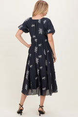 Navy Floral Embroidered Puff Sleeve Midi Dress