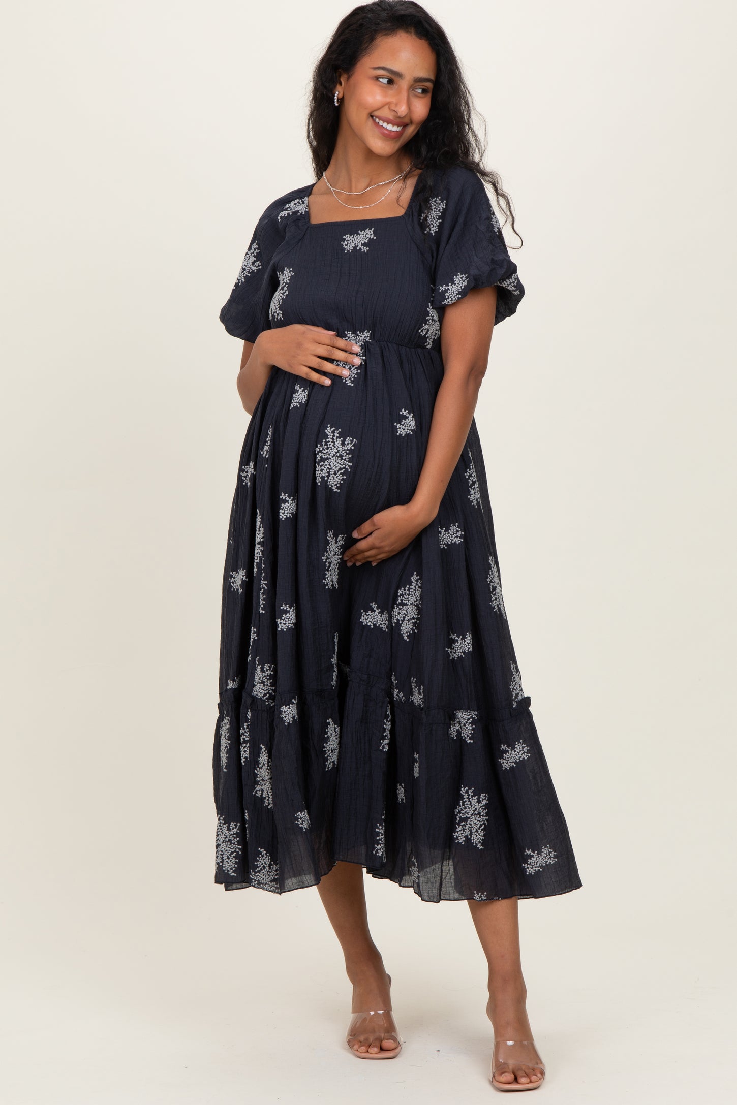 Navy Floral Embroidered Puff Sleeve Maternity Midi Dress