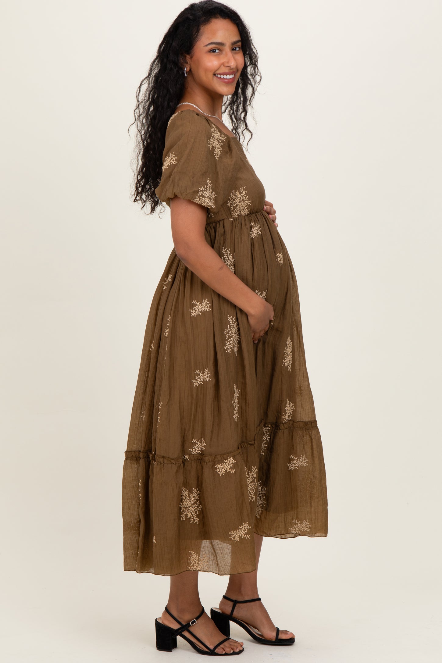 Mocha Floral Embroidered Puff Sleeve Maternity Midi Dress