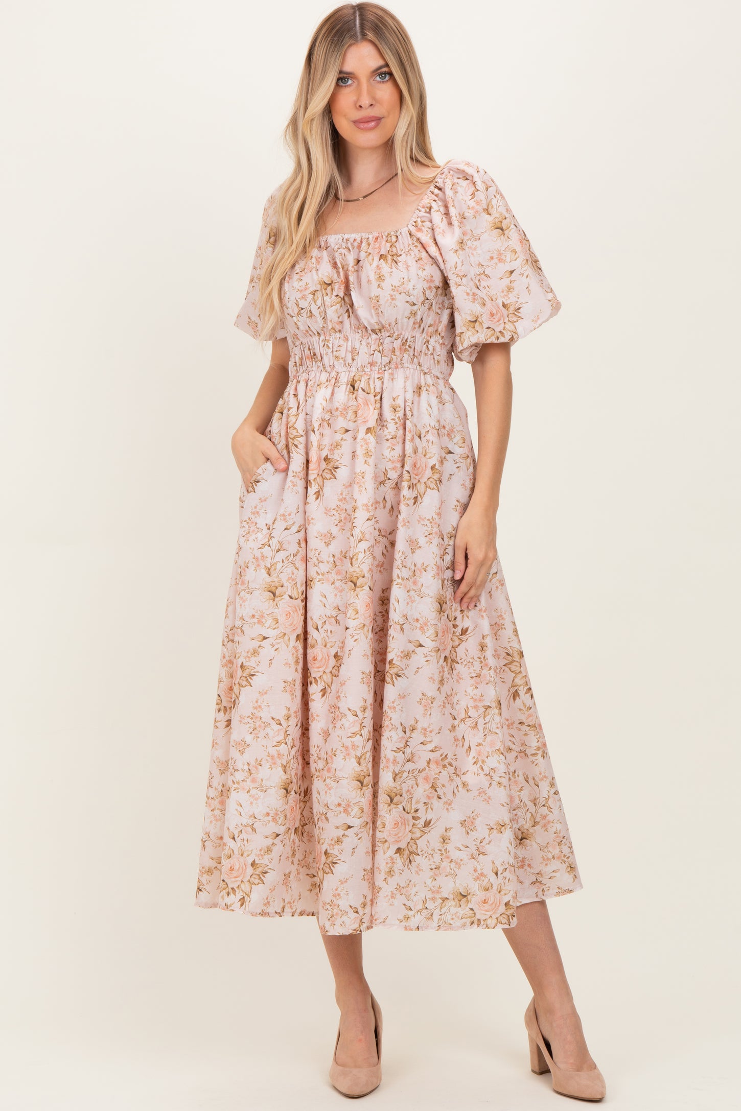 Beige Floral Puff Sleeve Maternity Midi Dress