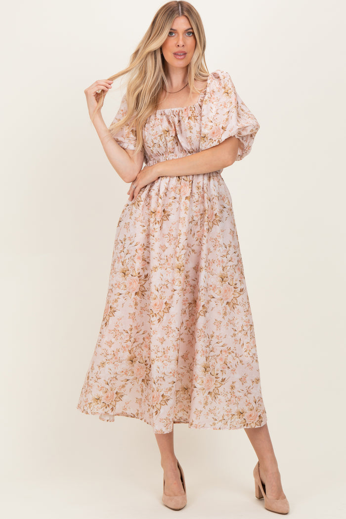 Beige Floral Puff Sleeve Midi Dress