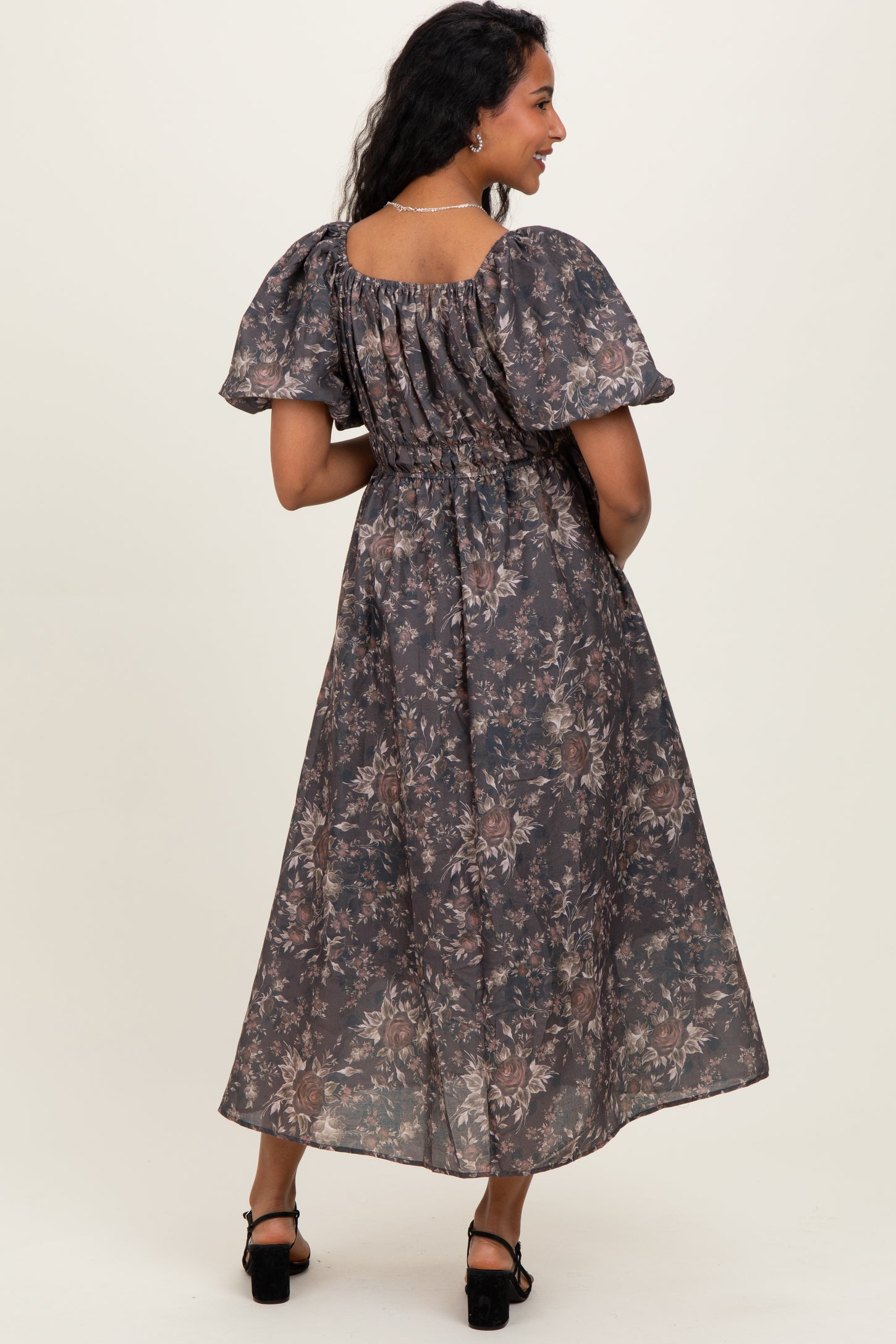 Brown Floral Puff Sleeve Maternity Midi Dress