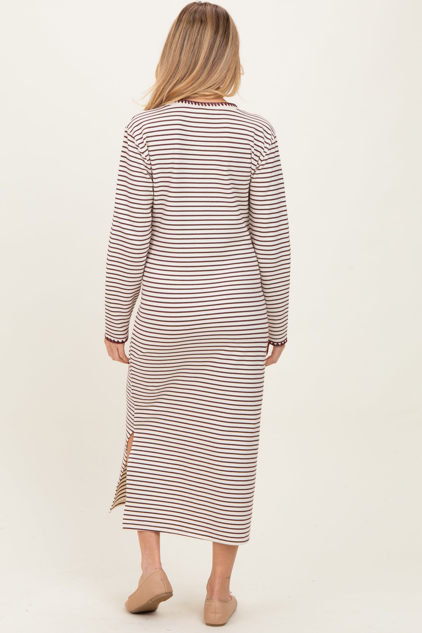Cream Striped Stitch Detail Long Sleeve Maternity Midi Dress
