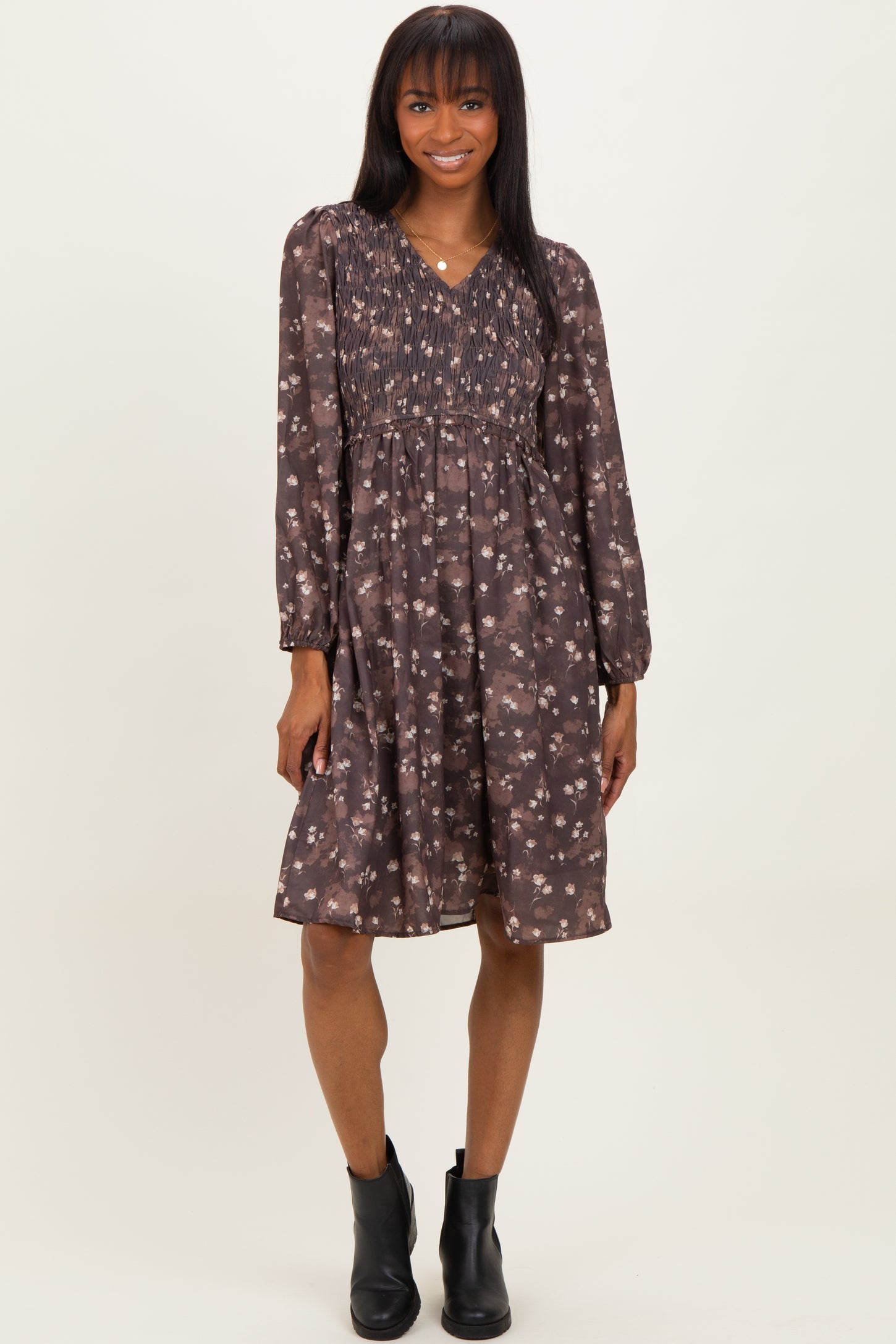 Brown Floral Smocked Long Sleeve Dress
