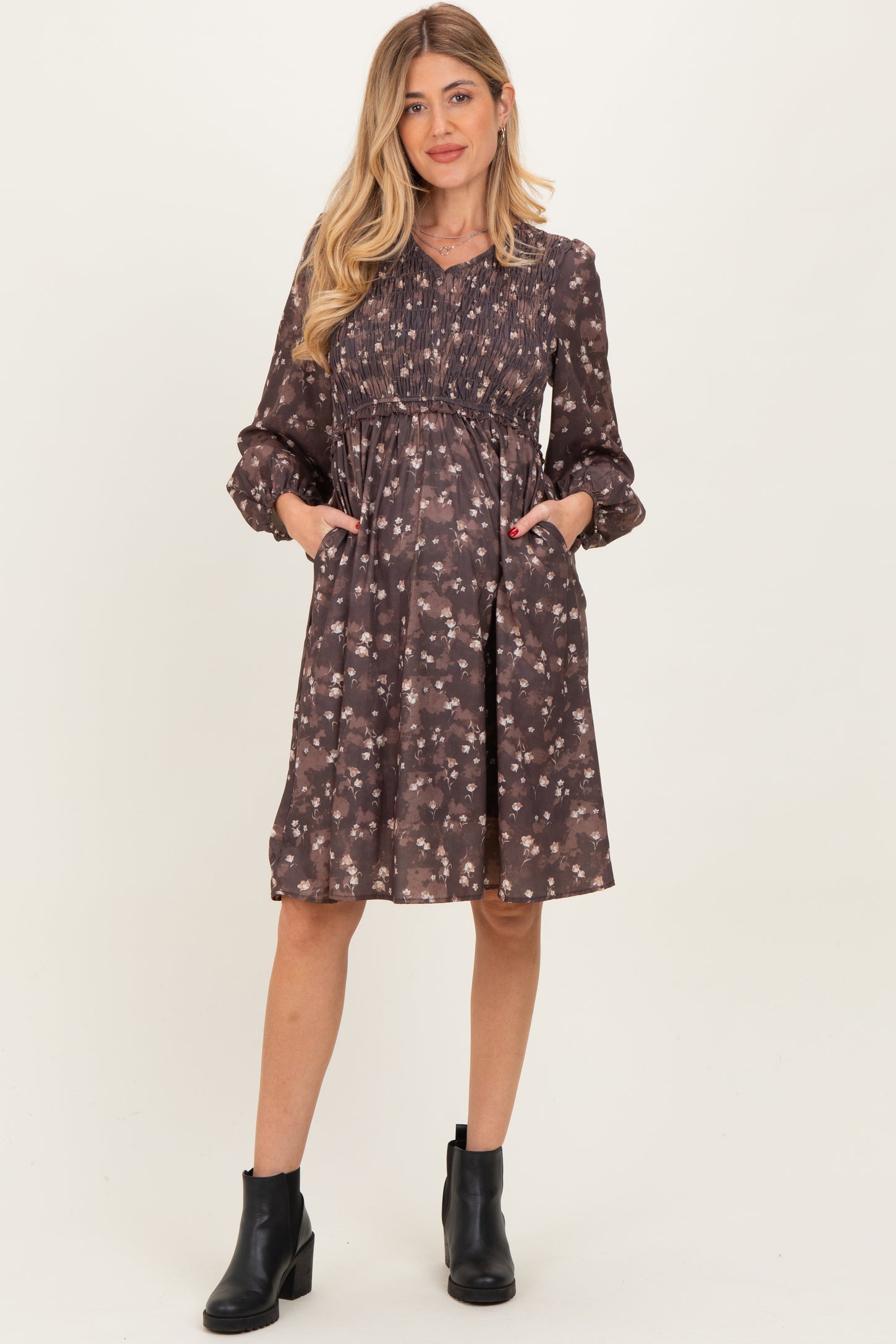 Brown Floral Smocked Long Sleeve Maternity Dress