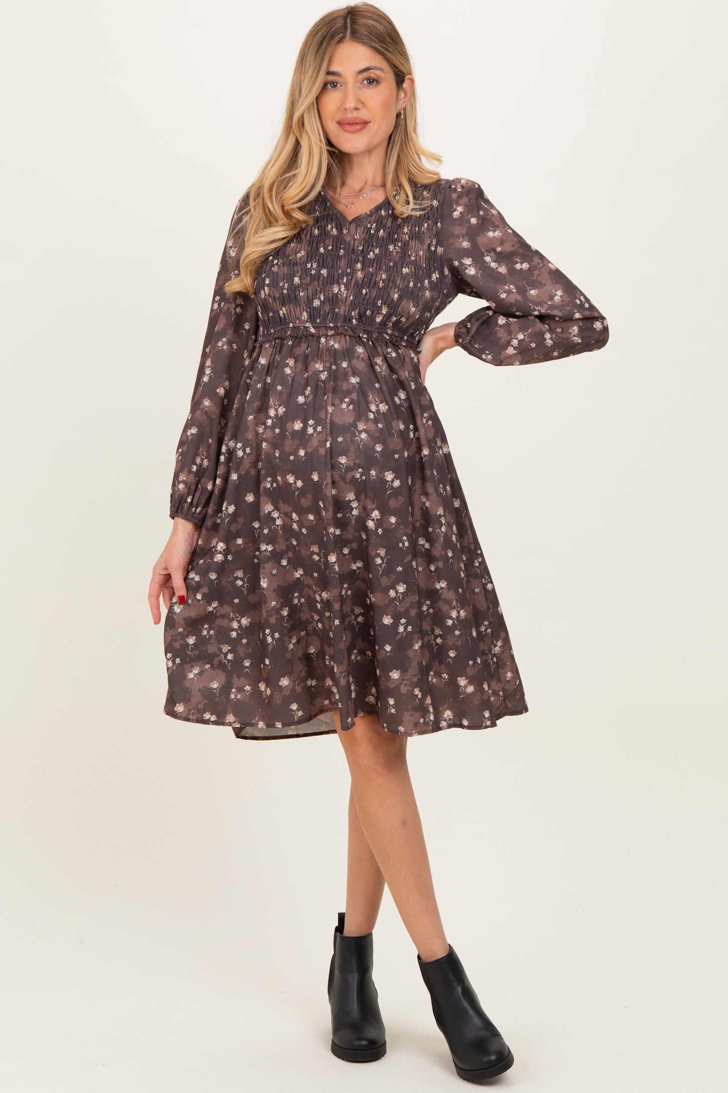 Brown Floral Smocked Long Sleeve Maternity Dress