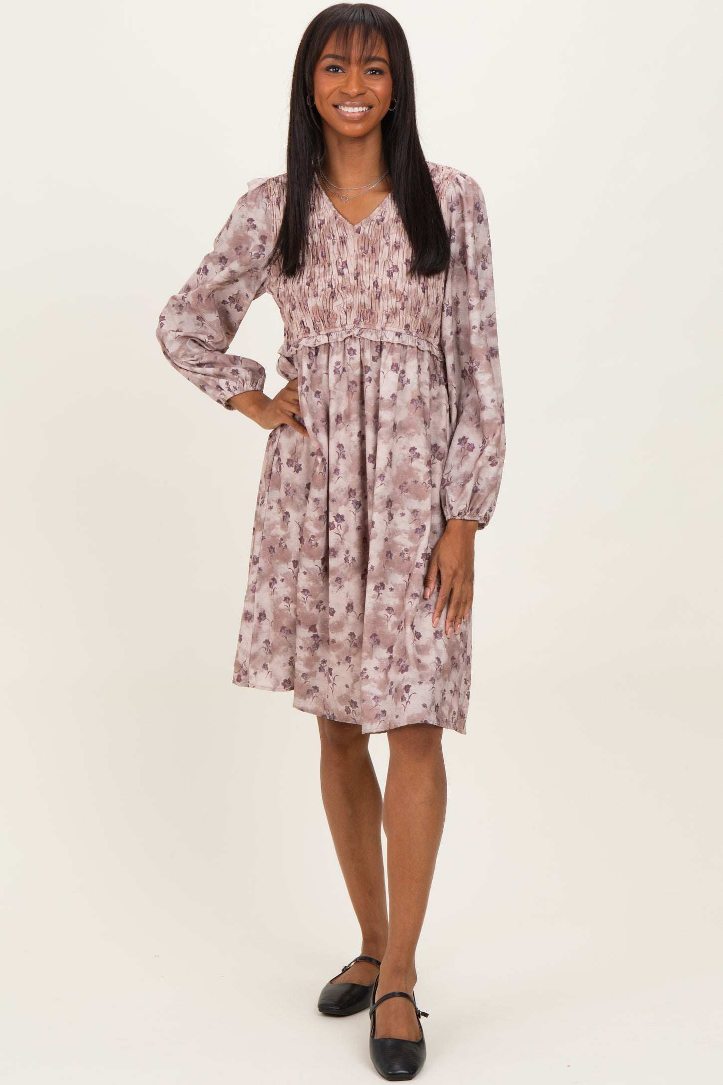 Beige Floral Smocked Long Sleeve Maternity Dress