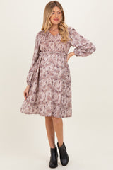 Beige Floral Smocked Long Sleeve Maternity Dress