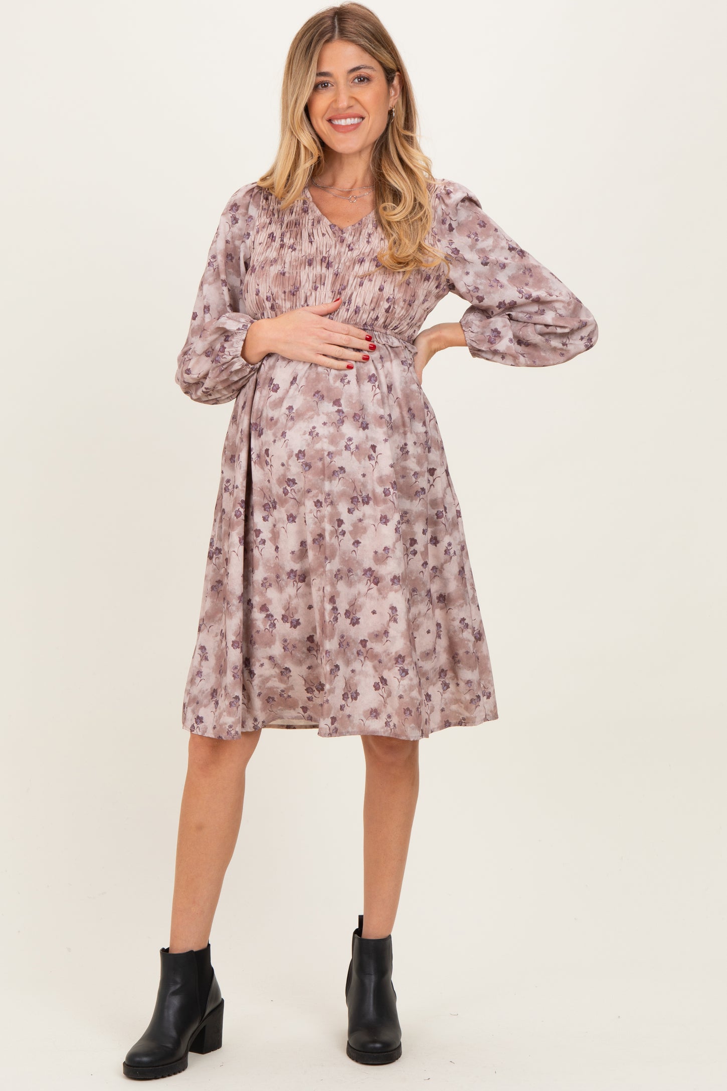 Beige Floral Smocked Long Sleeve Maternity Dress