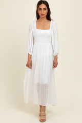 White Eyelet Contrast Smocked Bubble Sleeve Midi Dress