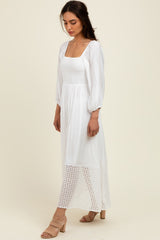 White Eyelet Contrast Smocked Bubble Sleeve Midi Dress