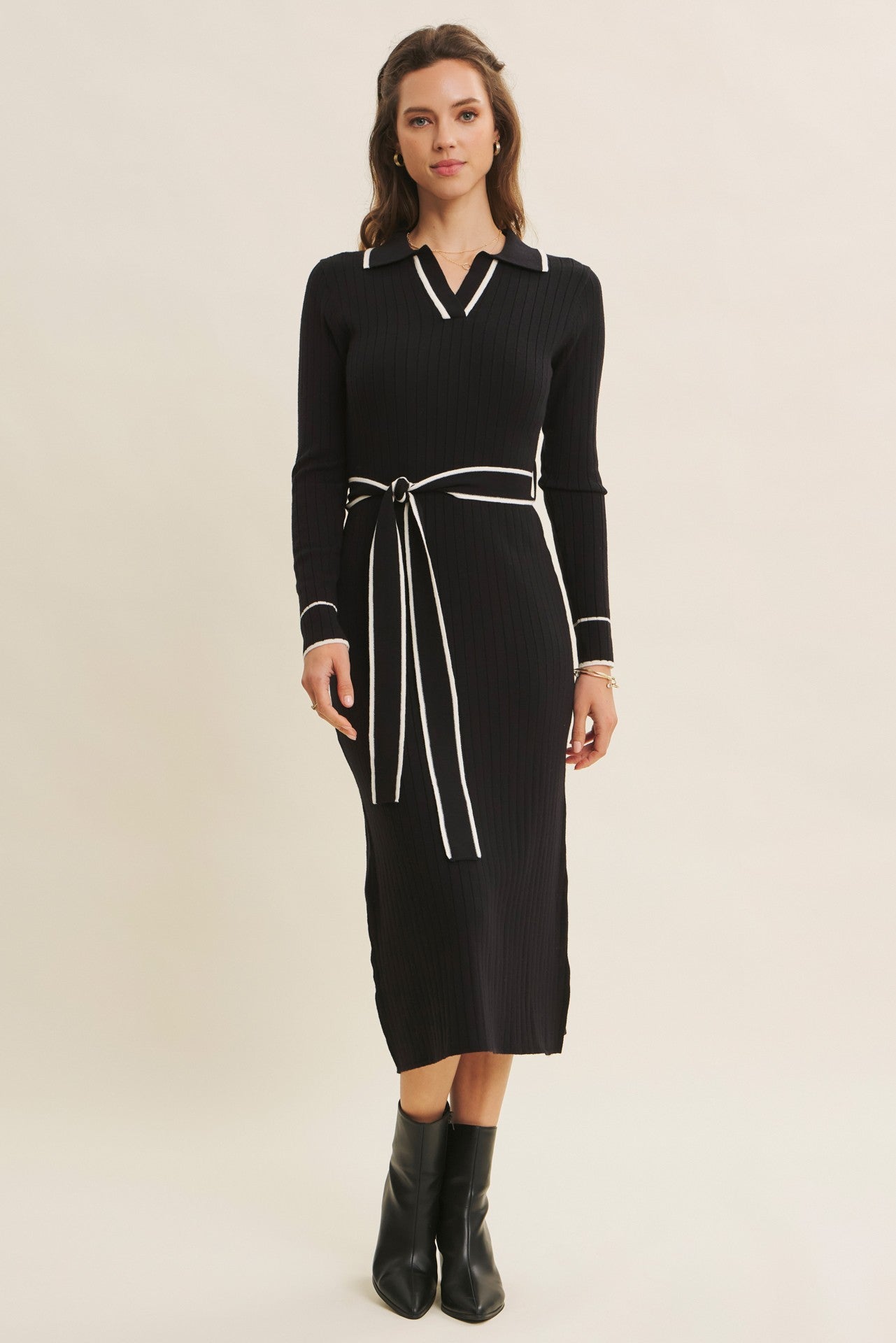 Black Soft Stretchy Rib Fitted Maternity Sweater Midi Dress