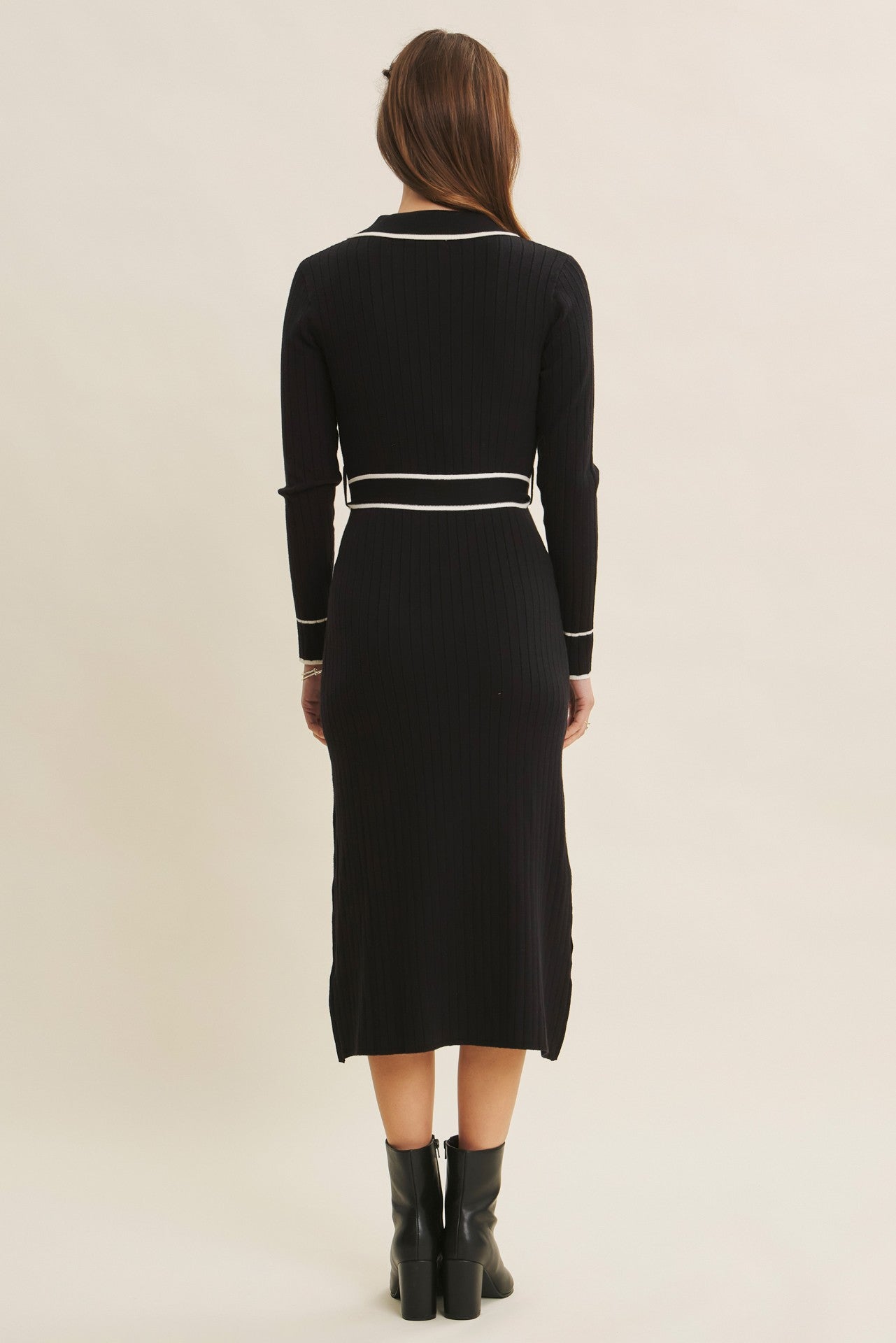 Black Soft Stretchy Rib Fitted Sweater Midi Dress