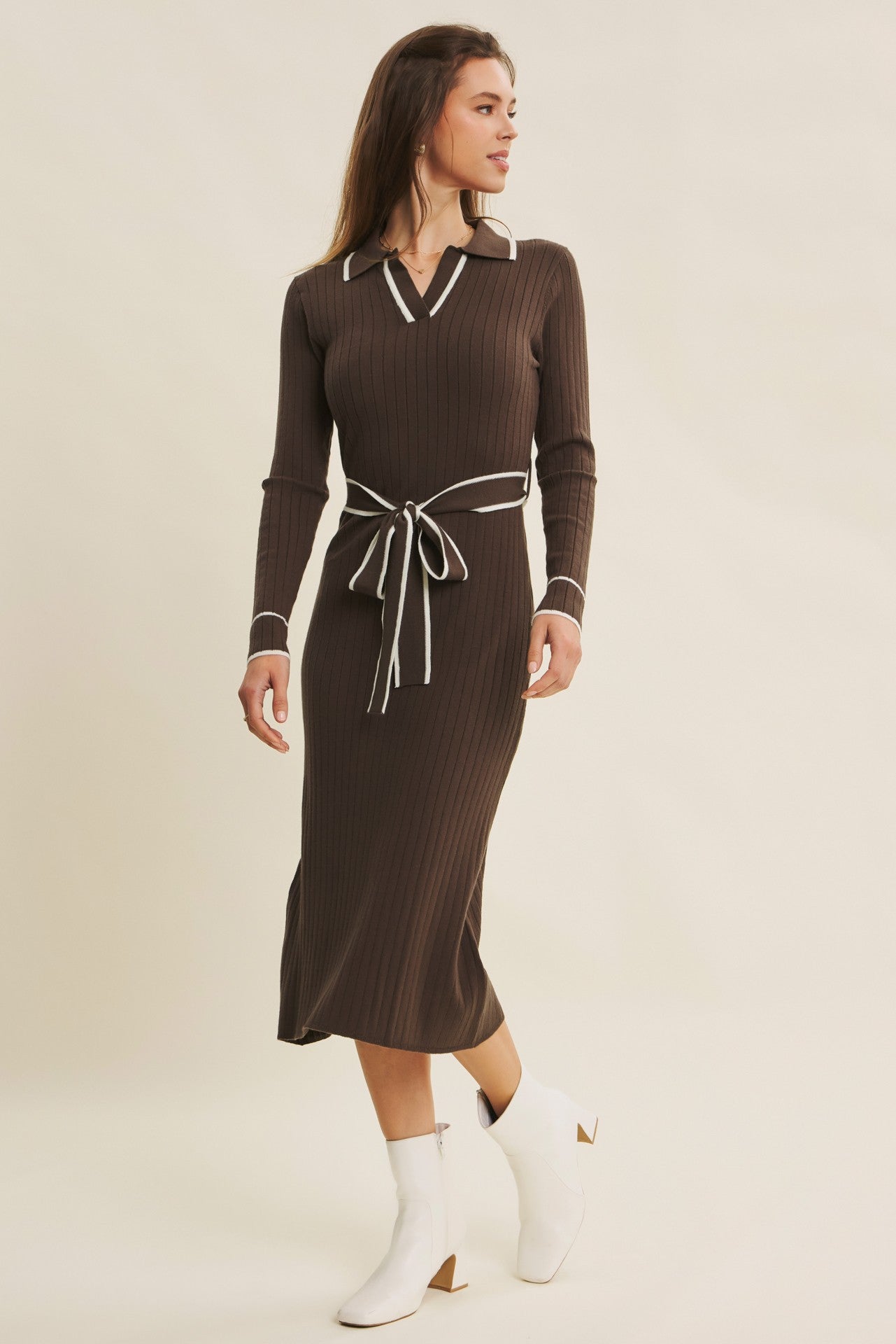 Brown Soft Stretchy Rib Fitted Sweater Midi Dress