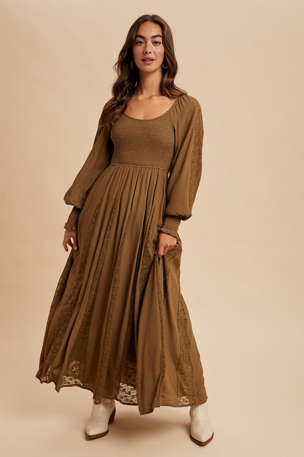 Brown Lace Inset Smocked Maxi Dress