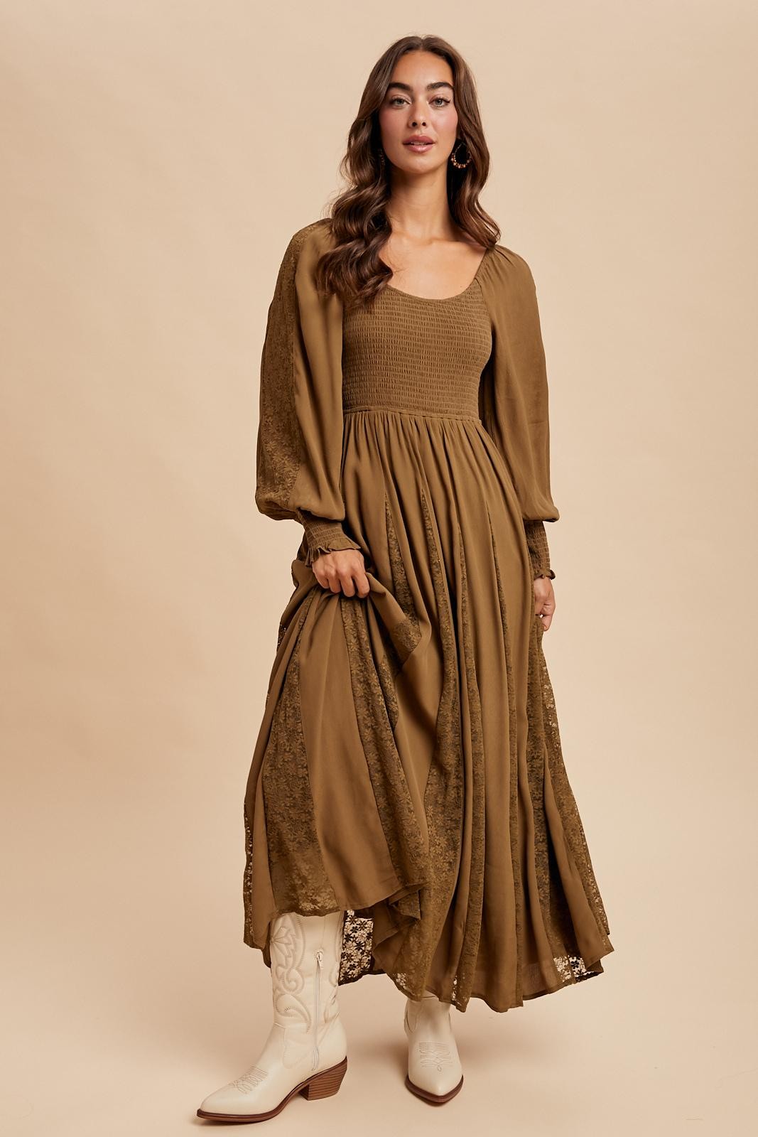 Brown Lace Inset Smocked Maxi Dress