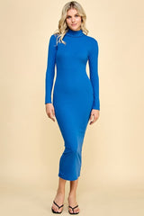 Blue Turtle Neck Ribbed Fitted Long Sleeve Maternity Maxi Dress