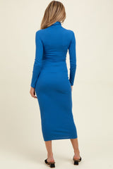 Blue Turtle Neck Ribbed Fitted Long Sleeve Maternity Maxi Dress