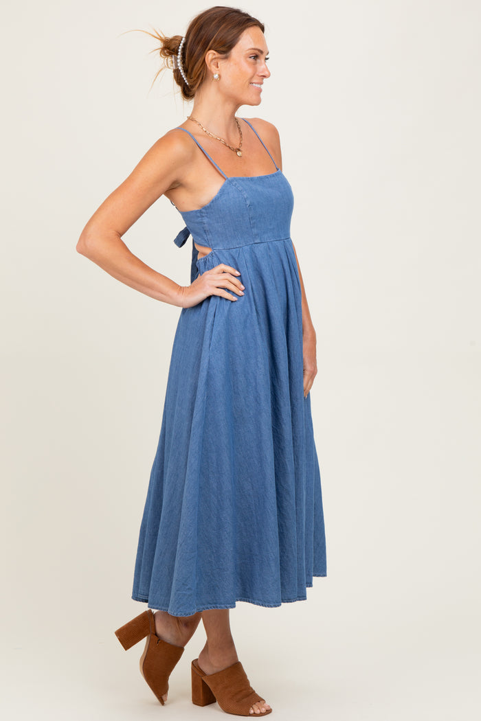 Denim Open Tied Back A-Line Midi Dress