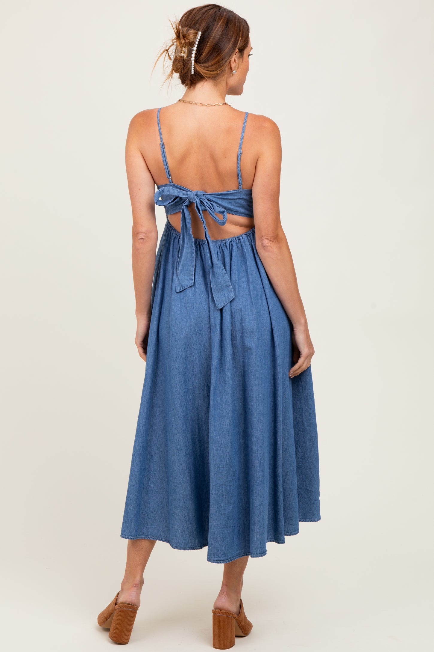 Denim Open Tied Back A-Line Midi Dress