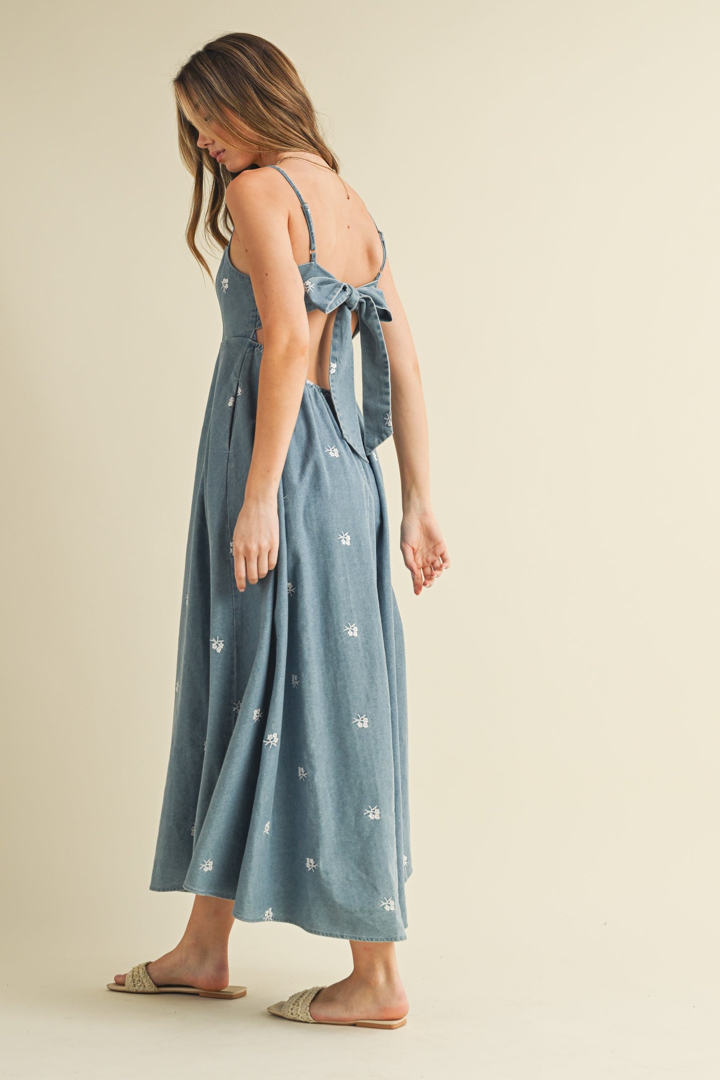 Denim Tied Back Embroidered Midi Dress