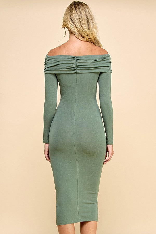 Sage Ruched Off Shoulder Dress