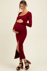 Burgundy Scoop Neck Long Sleeve Front Slit Maternity Maxi Dress