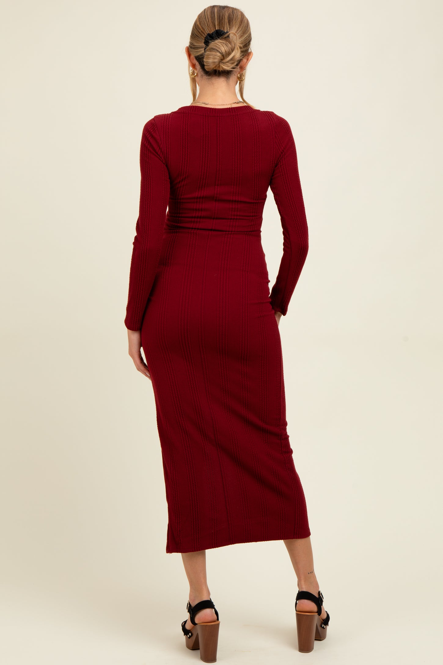 Burgundy Scoop Neck Long Sleeve Front Slit Maternity Maxi Dress