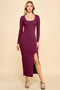 Burgundy Scoop Neck Long Sleeve Front Slit Maxi Dress