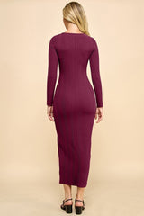 Burgundy Scoop Neck Long Sleeve Front Slit Maxi Dress
