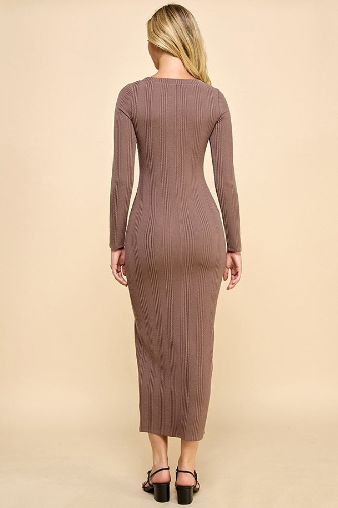 Brown Scoop Neck Long Sleeve Front Slit Maxi Dress