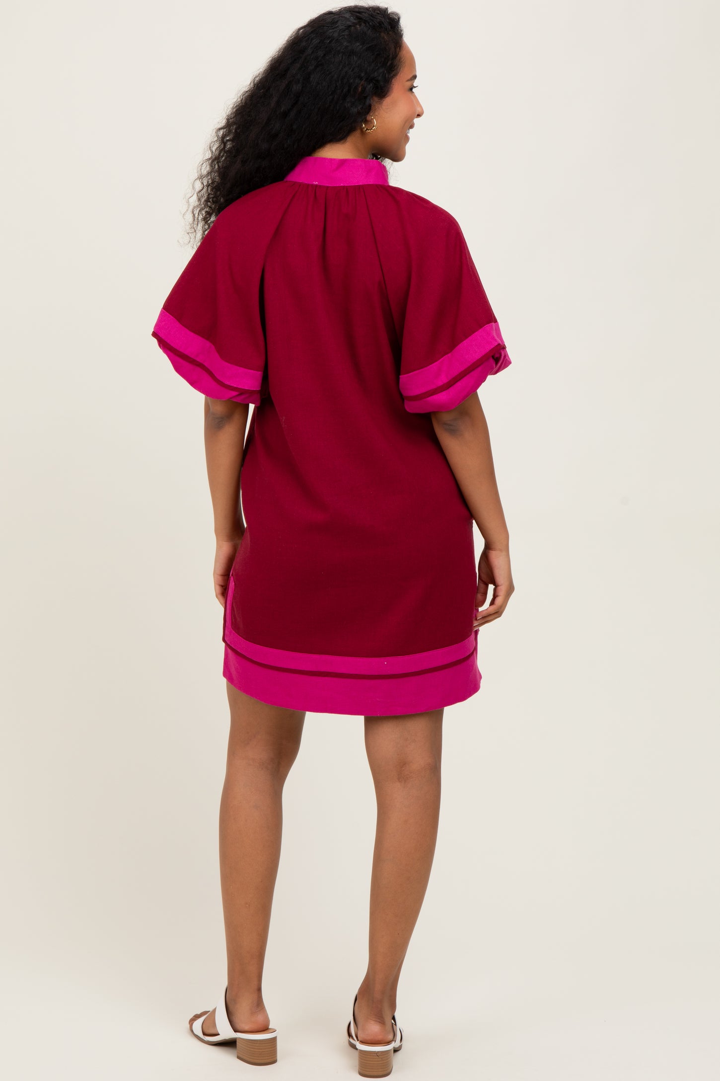 Burgundy Colorblock Border Print Maternity Mini Shift Dress